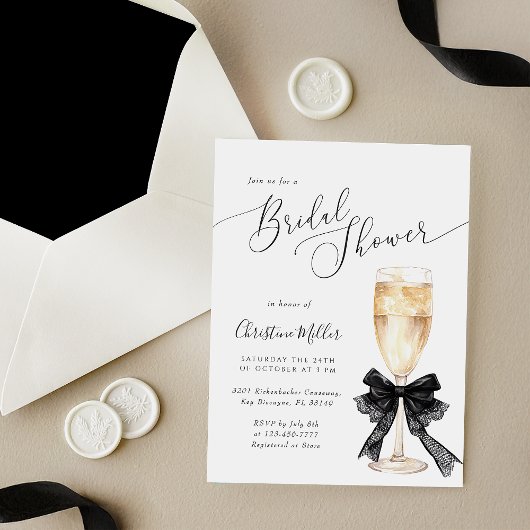Bridal Shower Champagne Invitation with Black Bow  Kaart