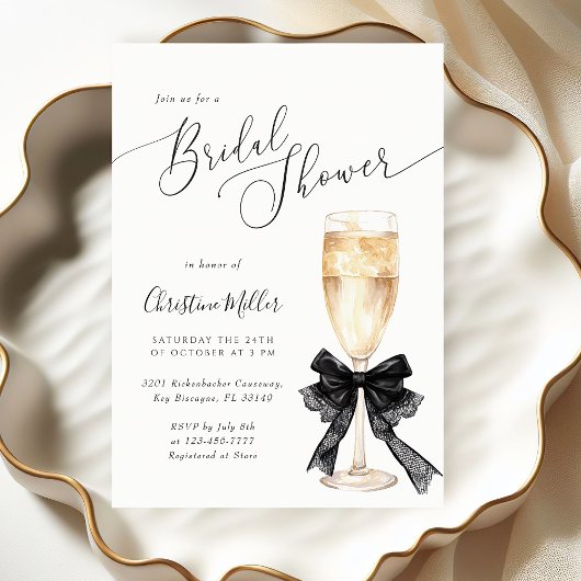 Bridal Shower Champagne Invitation with Black Bow  Kaart