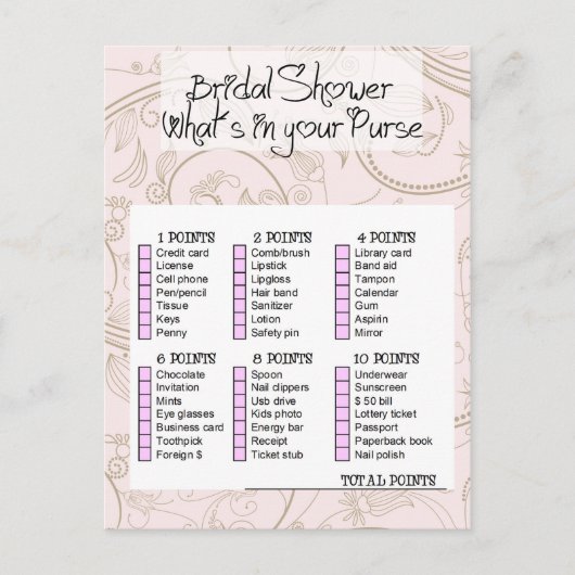 Bridal shower game- What is in your purse? Uitnodiging Briefkaart (Voorkant)