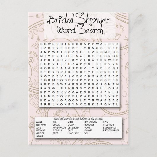 Bridal Shower game, Word SEarch Uitnodiging Briefkaart (Voorkant)