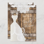 Bridal 👰 Shower in Rustic Wood en Lace 💕 Kaart<br><div class="desc">⭐ ⭐ ⭐ 5 sterren Review. 🥇 EEN ORIGINEEL COPYRIGHT-ONTWERP VAN Donna Siegrist IS ALLEEN BESCHIKBAAR OP ZAZZLE! Populaire Bridal Shower Invitations. Met een prachtige, rustige houten achtergrond met een witte kant bovenrand en een mooie elegante trouwjurk. Deze brudale uitnodiging zal een hit zijn bij je partijgenote. Veel overeenkomende producten...</div>