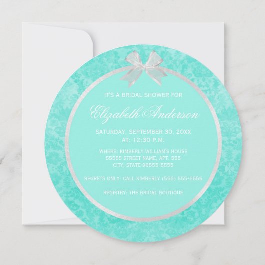 Bridal Shower Invitation Aqua Damask White Bow Kaart (Achterkant)