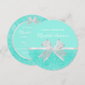 Bridal Shower Invitation Aqua Damask White Bow Kaart (Voorkant / Achterkant)