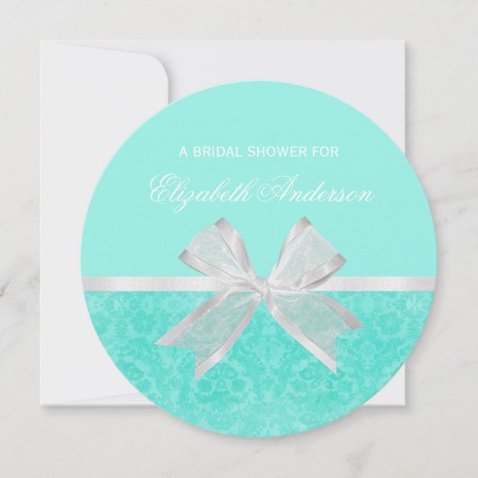 Bridal Shower Invitation Aqua Damask White Bow Kaart (Voorkant)