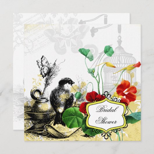 Bridal Shower Invitation Bird and Nasturtiums Kaart (Voorkant / Achterkant)