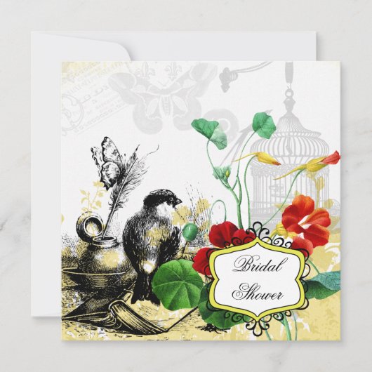 Bridal Shower Invitation Bird and Nasturtiums Kaart (Voorkant)