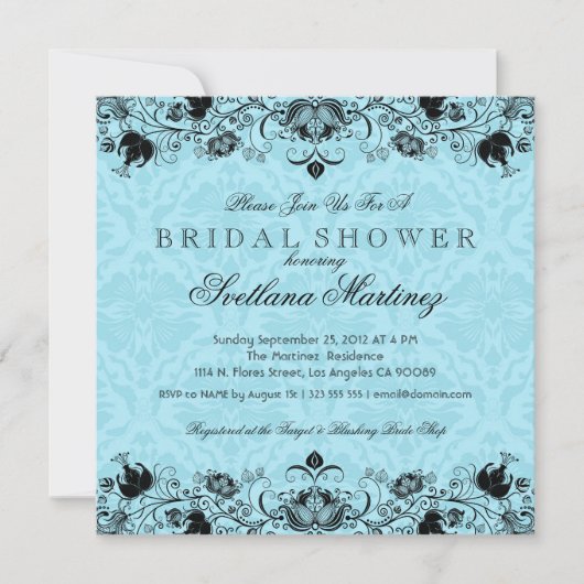 Bridal Shower Invitation Black & Blue Damaskers Kaart (Voorkant)