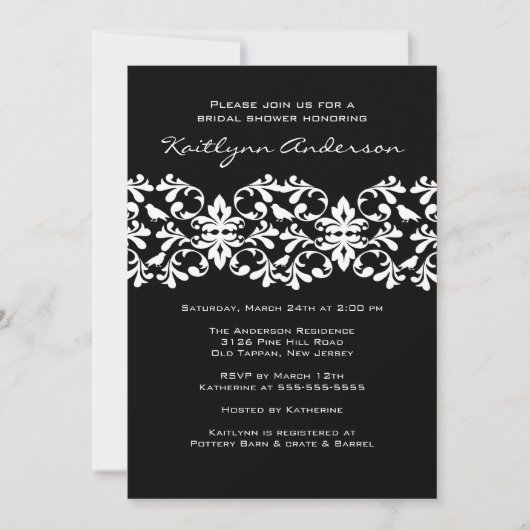 Bridal Shower Invitation Black & White Damask Kaart (Voorkant)
