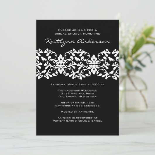 Bridal Shower Invitation Black & White Damask Kaart (Staand voorkant)