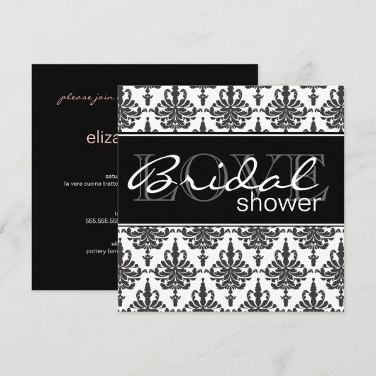 Bridal Shower Invitation Black & White Damask Kaart (Voorkant / Achterkant)