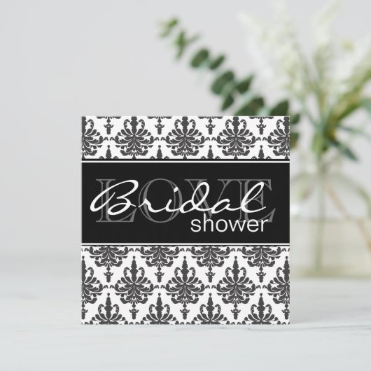 Bridal Shower Invitation Black & White Damask Kaart (Staand voorkant)