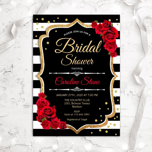 Bridal Shower Invitation Black White Stripes Rozen Kaart