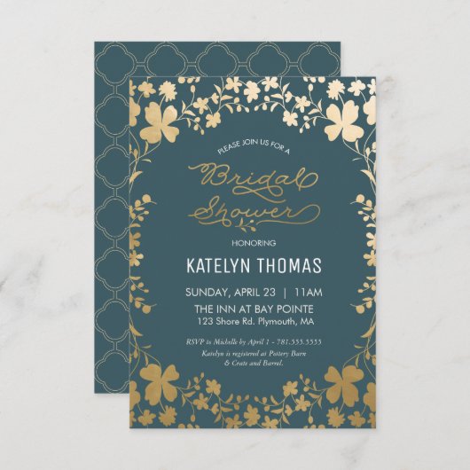 Bridal Shower Invitation,  Blauwgroen & Gold Kaart (Voorkant / Achterkant)