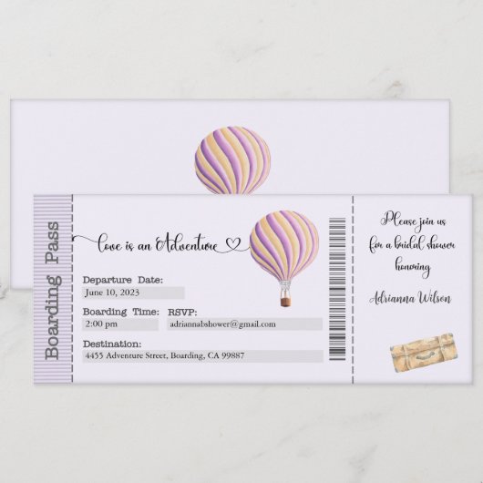Bridal Shower Invitation, Boarding Pass Invite Kaart (Voorkant / Achterkant)