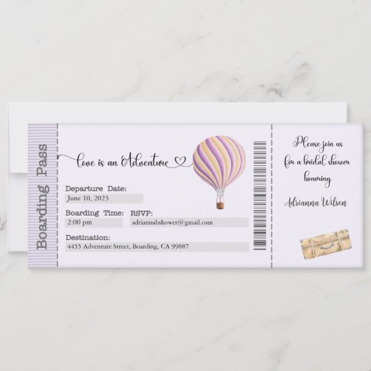 Bridal Shower Invitation, Boarding Pass Invite Kaart (Voorkant)