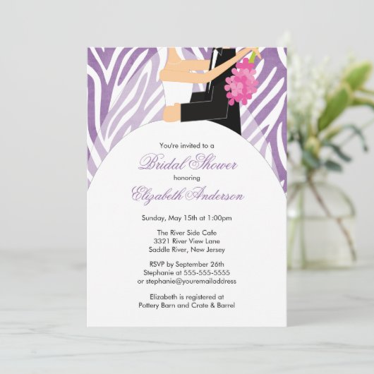 Bridal Shower Invitation Bride Groom Paarse Zebra Kaart (Staand voorkant)