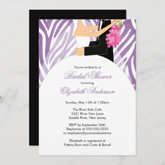 Bridal Shower Invitation Bride Groom Paarse Zebra Kaart (Voorkant / Achterkant)