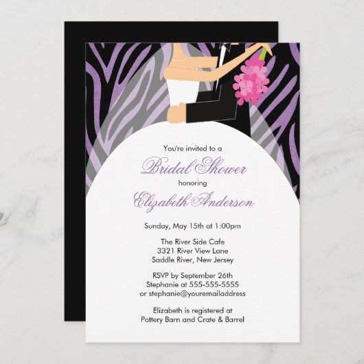 Bridal Shower Invitation Bride Groom Paarse Zebra Kaart (Voorkant / Achterkant)