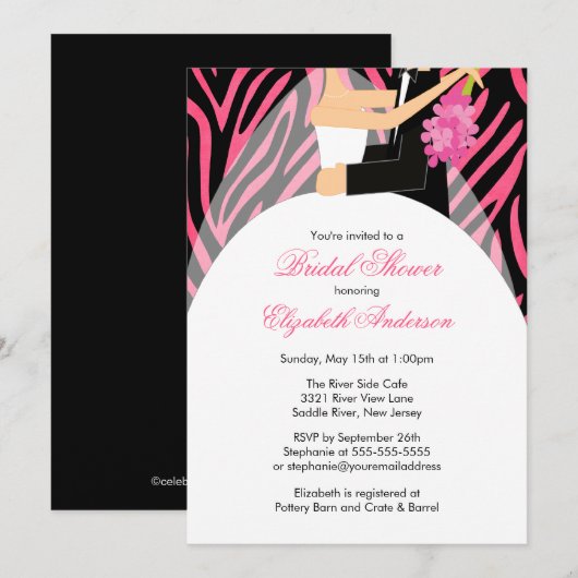Bridal Shower Invitation Bride Groom Pink Zebra Kaart (Voorkant / Achterkant)