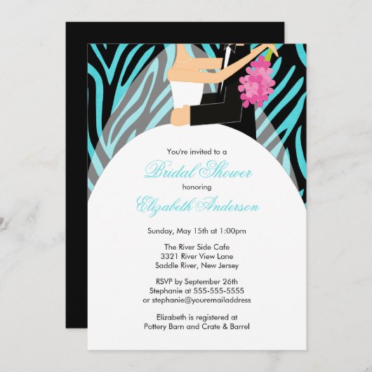 Bridal Shower Invitation Bride Turquoise Zebra Kaart (Voorkant / Achterkant)