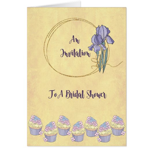 Bridal Shower Invitation Card, Gold met Iris (Voorkant)