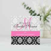 Bridal Shower Invitation Damask Hot Pink Monogram Kaart (Staand voorkant)