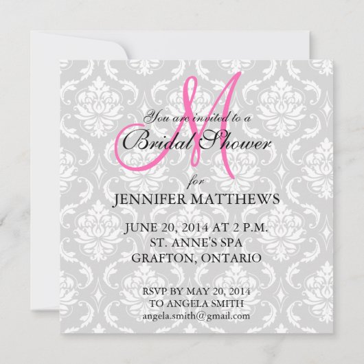 Bridal Shower Invitation Damask Hot Pink Monogram Kaart (Achterkant)