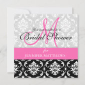 Bridal Shower Invitation Damask Hot Pink Monogram Kaart (Voorkant)