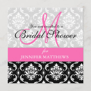 Bridal Shower Invitation Damask Hot Pink Monogram Kaart