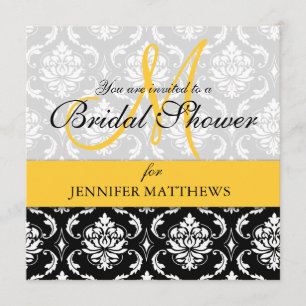 Bridal Shower Invitation Damask Yellow Monogram Kaart