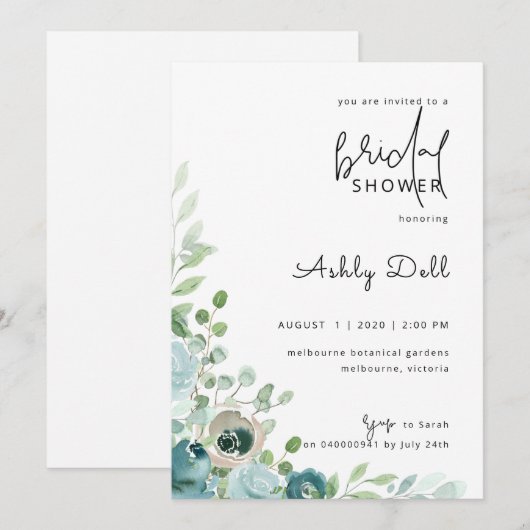 Bridal Shower Invitation Dusty Blue Kaart (Voorkant / Achterkant)
