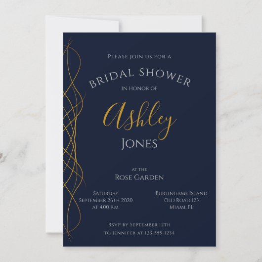 Bridal Shower Invitation Elegant Navy Blue & Gold Kaart (Voorkant)