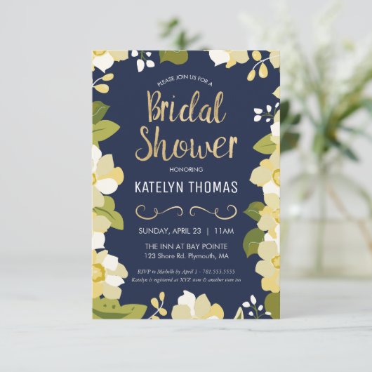 Bridal Shower Invitation, Floral met Gold aanpasse Kaart (Staand voorkant)