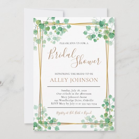 Bridal Shower Invitation Foliage met goudgrens Kaart (Voorkant)