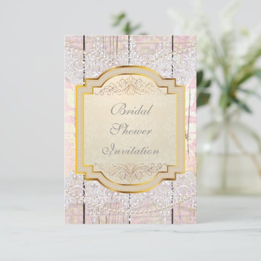 Bridal Shower Invitation Golden Pink & Lace Kaart (Staand voorkant)