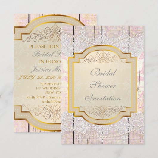 Bridal Shower Invitation Golden Pink & Lace Kaart (Voorkant / Achterkant)