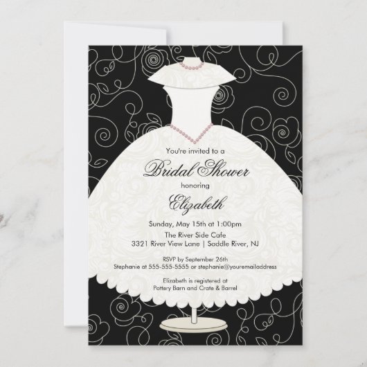 Bridal Shower Invitation Gown Black White Floral Kaart (Voorkant)