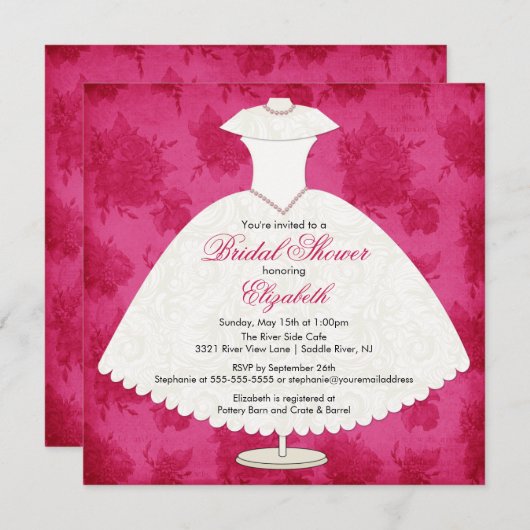 Bridal Shower Invitation Gown Magenta Roze Rose Kaart (Voorkant / Achterkant)