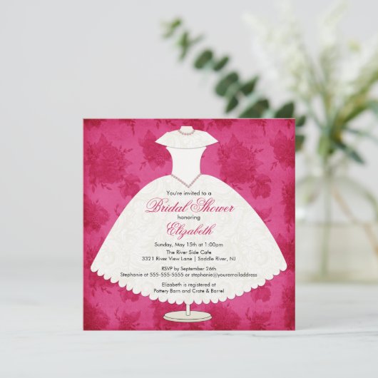 Bridal Shower Invitation Gown Magenta Roze Rose Kaart (Staand voorkant)