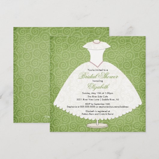 Bridal Shower Invitation Gown Sage Green Swirls Kaart (Voorkant / Achterkant)