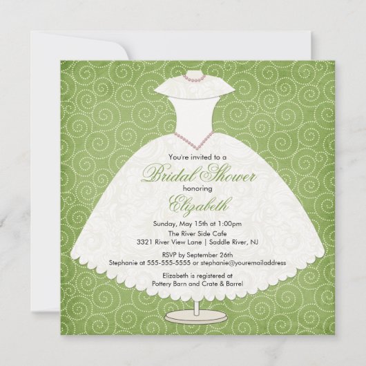 Bridal Shower Invitation Gown Sage Green Swirls Kaart (Voorkant)