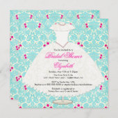 Bridal Shower Invitation Gown Turquoise Damask Kaart (Voorkant / Achterkant)