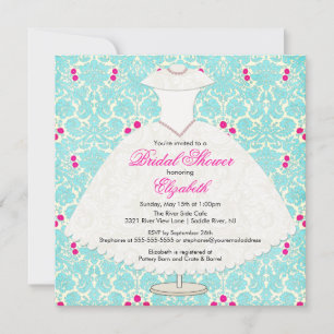 Bridal Shower Invitation Gown Turquoise Damask Kaart