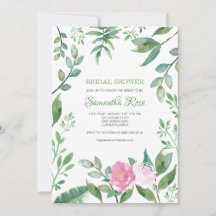 Bridal Shower Invitation Greenery and Pink Roses
