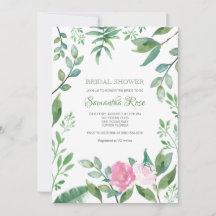 Bridal Shower Invitation Greenery and Pink Roses