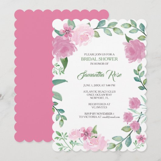 BRIDAL SHOWER INVITATION, Greenery Pink Roses Kaart (Voorkant / Achterkant)