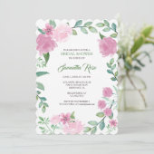 BRIDAL SHOWER INVITATION, Greenery Pink Roses Kaart (Staand voorkant)