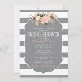 Bridal Shower Invitation, grijze stripe perzikflor Kaart (Voorkant)
