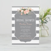 Bridal Shower Invitation, grijze stripe perzikflor Kaart (Staand voorkant)