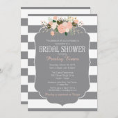Bridal Shower Invitation, grijze stripe perzikflor Kaart (Voorkant / Achterkant)